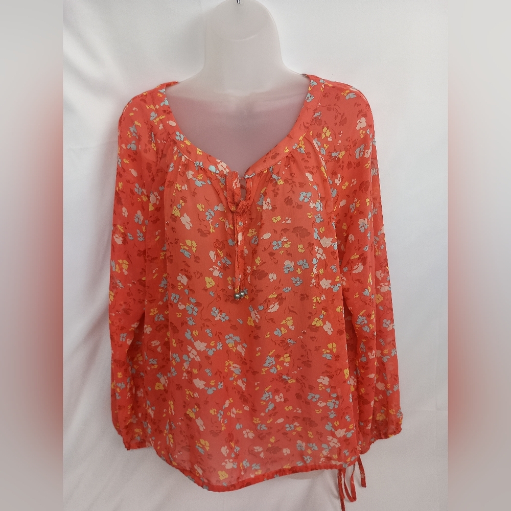 2/$30 JESSICA SIMPSON Boho Sheer Cottagecore Floral Red Blouse (#518)